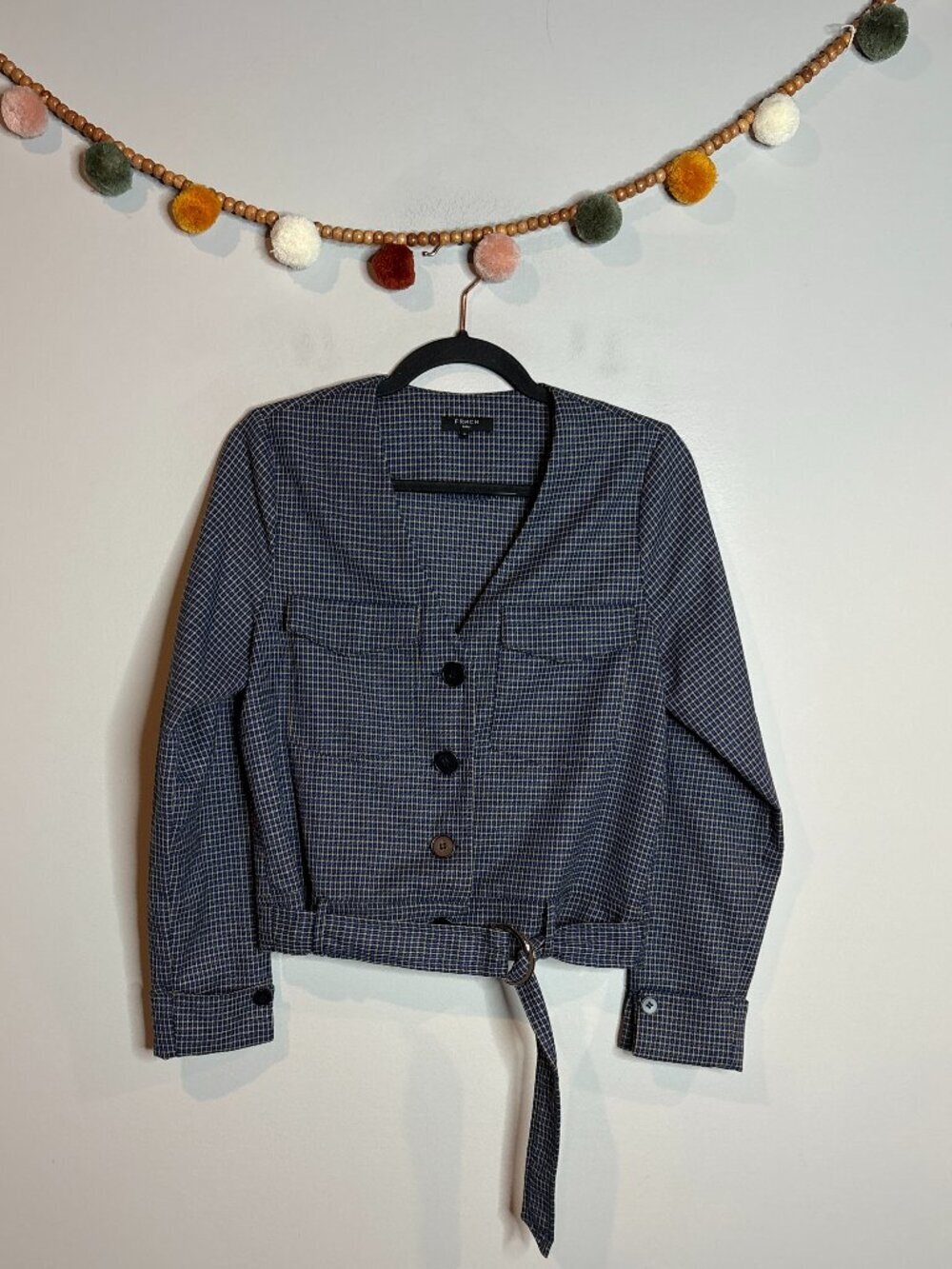 FRNCH plaid button up belted cropped jacket